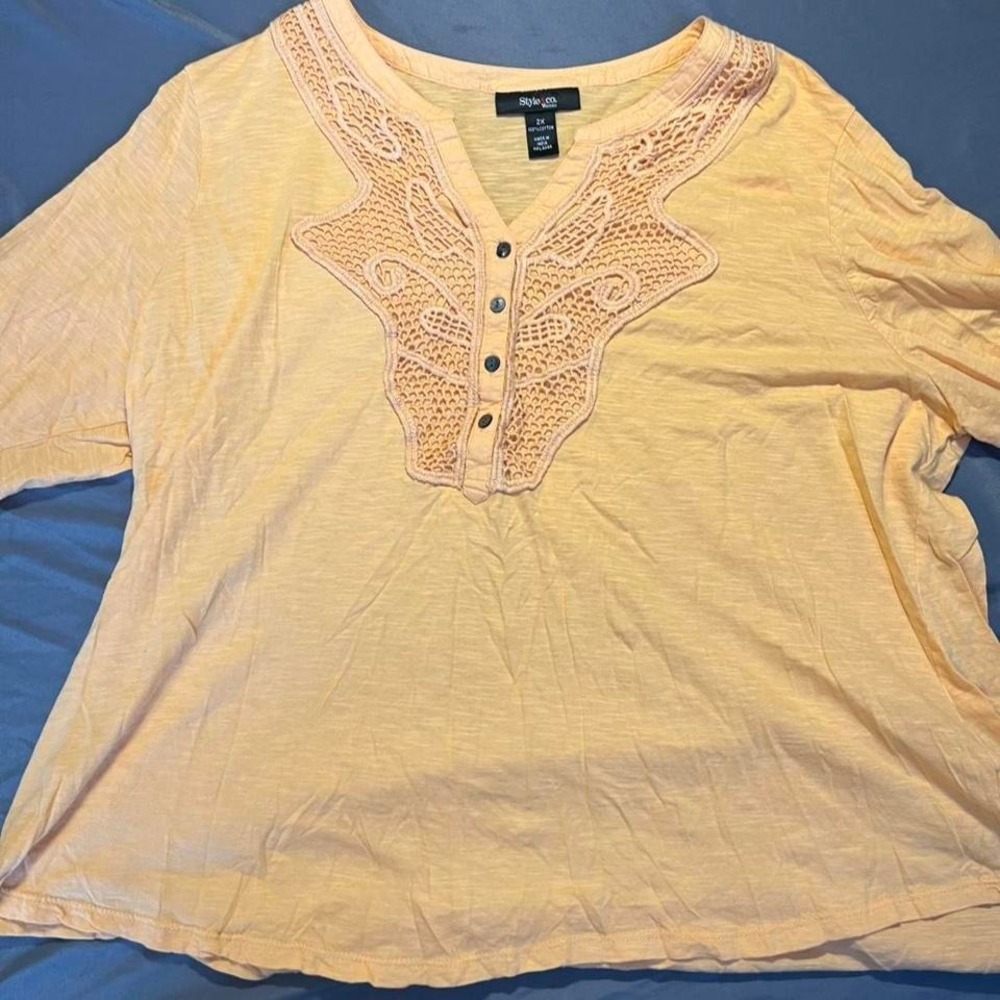 Style & Co Woman Yellow Crochet Lace Bib Henley Cotton Top Plus Size 2X